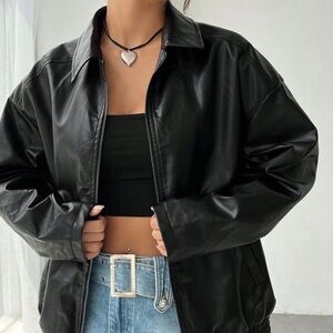 3/$10 Oversized Sleek Black Leather Look Zip Jacket